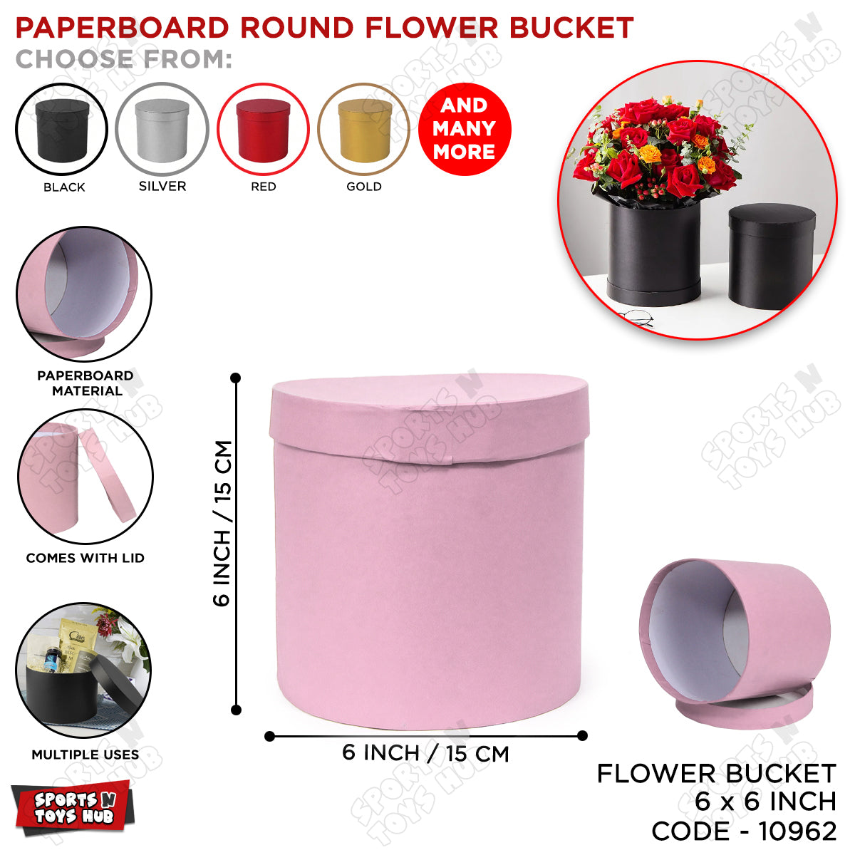 6 × 6 Inch Round Cardboard Flower Gift Box with Lid – Premium Paper Bouquet Packaging Box for Roses, Flowers & Floral Arrangements, Round Gift Box for Florists, Wedding, Valentine’s Day, Birthday, Anniversary & Special Occasions