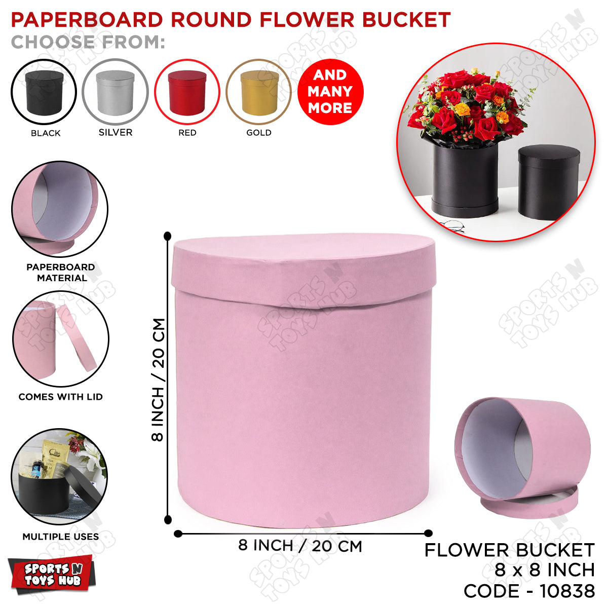8 × 8 Inch Round Cardboard Flower Gift Box with Lid – Premium Paper Bouquet Packaging Box for Roses, Roses Arrangements, Floral Gifts, Florists, Weddings, Valentine’s Day & Special Occasions