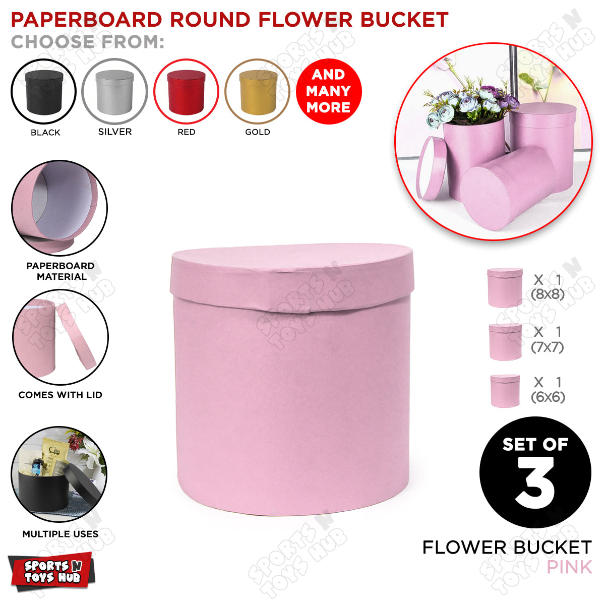 Set of 3 Round Cardboard Boxes with Lids – 6, 7 & 8 Inch Size Box Ideal for Flowers, Balloons, Money Bouquets & Stylish Gift Wrapping