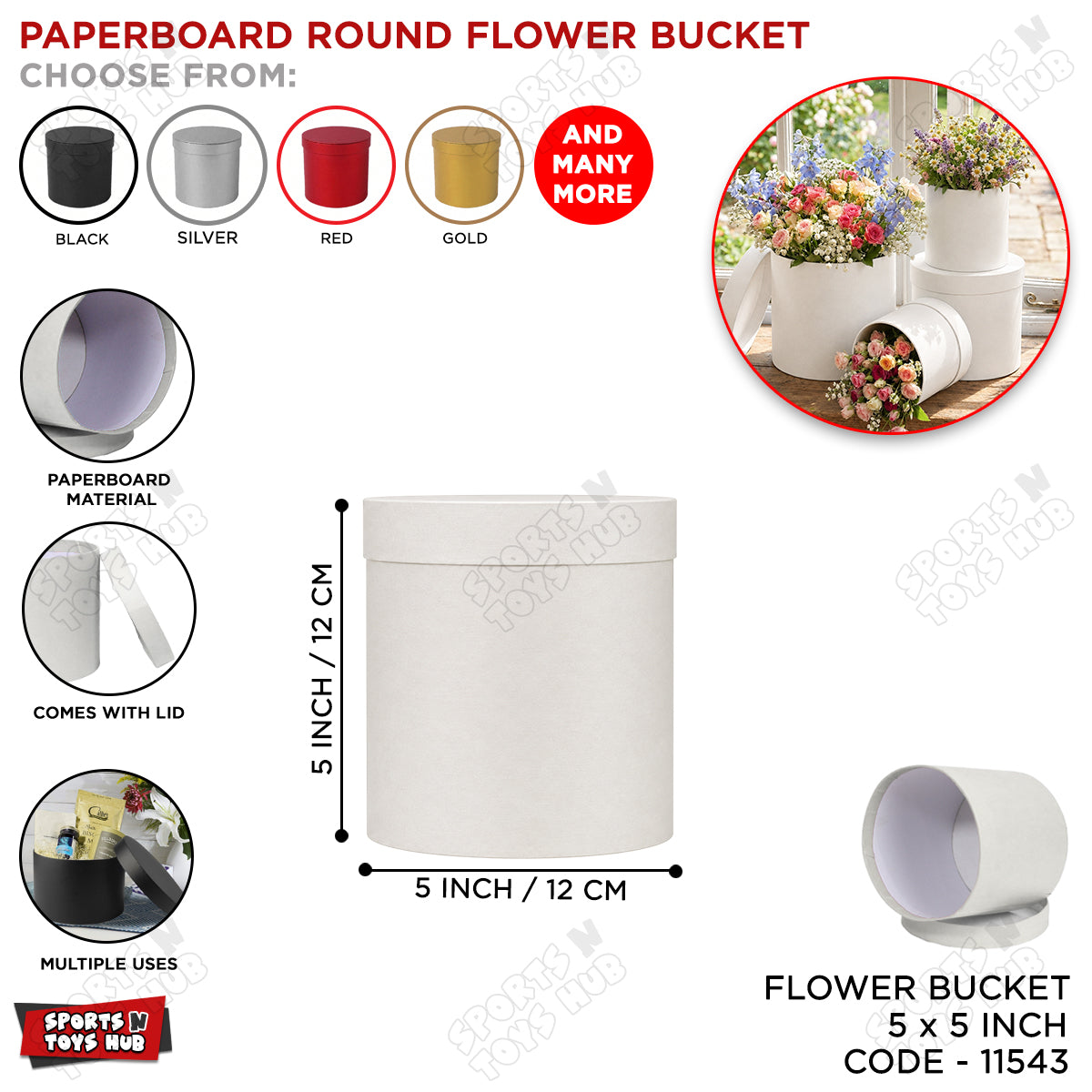 5 × 5 Inch Round Cardboard Flower Gift Box with Lid – Paper Bouquet Box for Roses & Floral Arrangements, Flower Packaging Container, Gift Wrapping Box for Birthday, Wedding, Valentine’s Day & Special Occasions