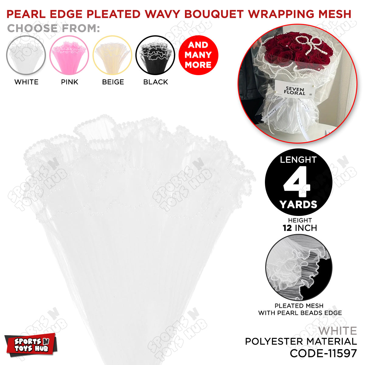 Pearl Edge Pleated Wavy Bouquet Wrapping Mesh Floral Wrap Net - 4 Yards