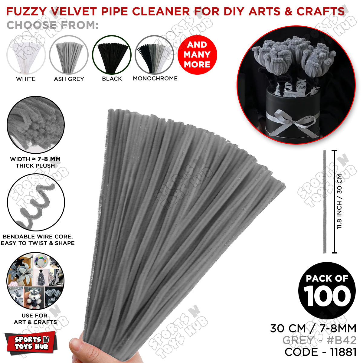 Monochrome Fuzzy Pipe Cleaners 100 Pcs - 30cm Chenille Craft Stems For DIY Arts & Crafts, School Projects, Handmade Flowers, Floral Crafts, Party Decorations, Home Décor & Creative Craft Supplies