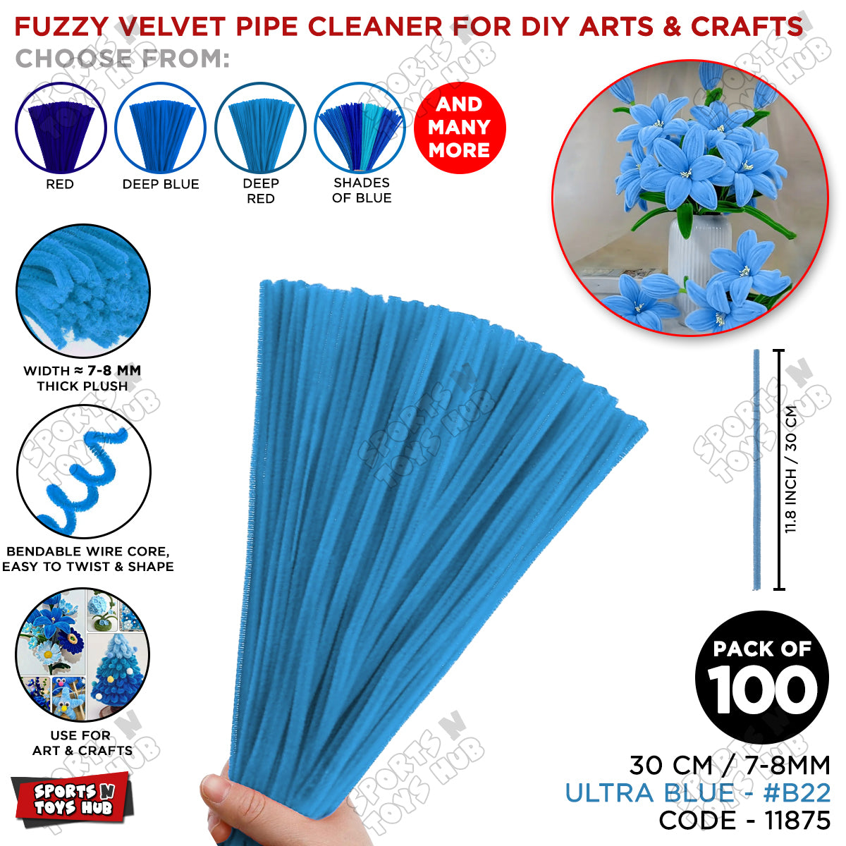 Shades of Blue Fuzzy Pipe Cleaners Craft Stems 100 Pcs – Premium 30cm x 7-8mm Chenille Sticks for DIY Crafts, Kids Art Projects, School Activities, Handmade Flowers, Decorations & Creative Craft Supplies