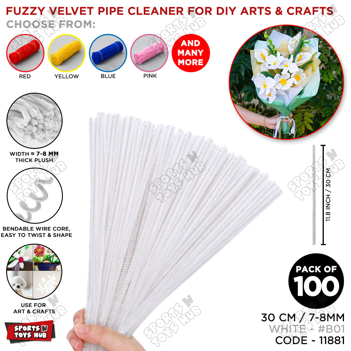Fuzzy Pipe Cleaners Craft Stems 100 Pcs – 7-8mm Thick x 30cm Chenille Sticks for DIY Crafts, Kids Art Projects, School Activities, Handmade Flowers, Decorations & Creative Craft Supplies