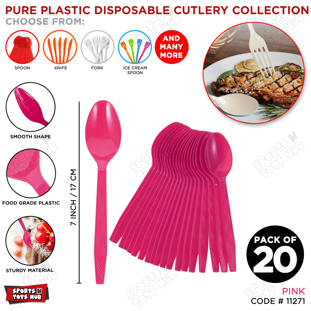 Disposable Solid Color Pure Plastic Spoons - Pack Of 20