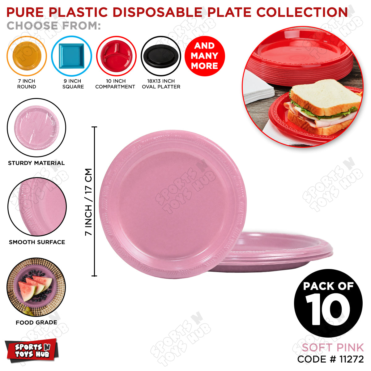 Solid Color Disposable Round Plastic Plates - 7 Inches - Pack of 10