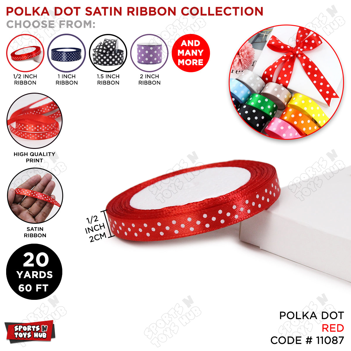 1⁄2 Inch - 25 Yards - Polka Dot Printed Satin Ribbons