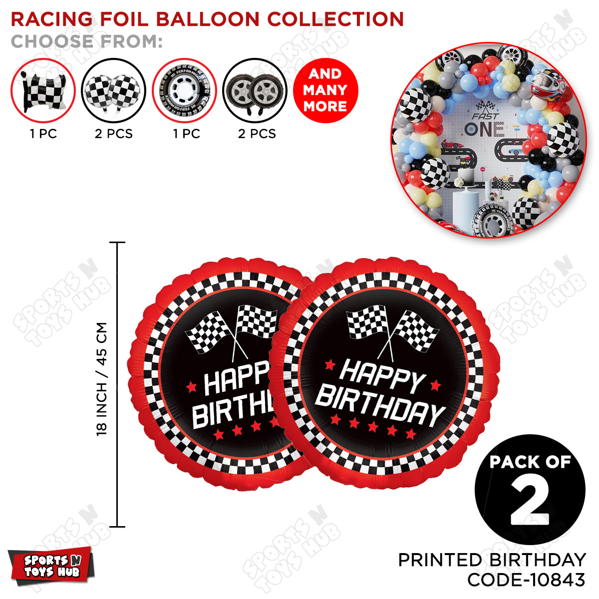 Printed Round HBD Checkered Flag Foil Balloon - 2 Pcs