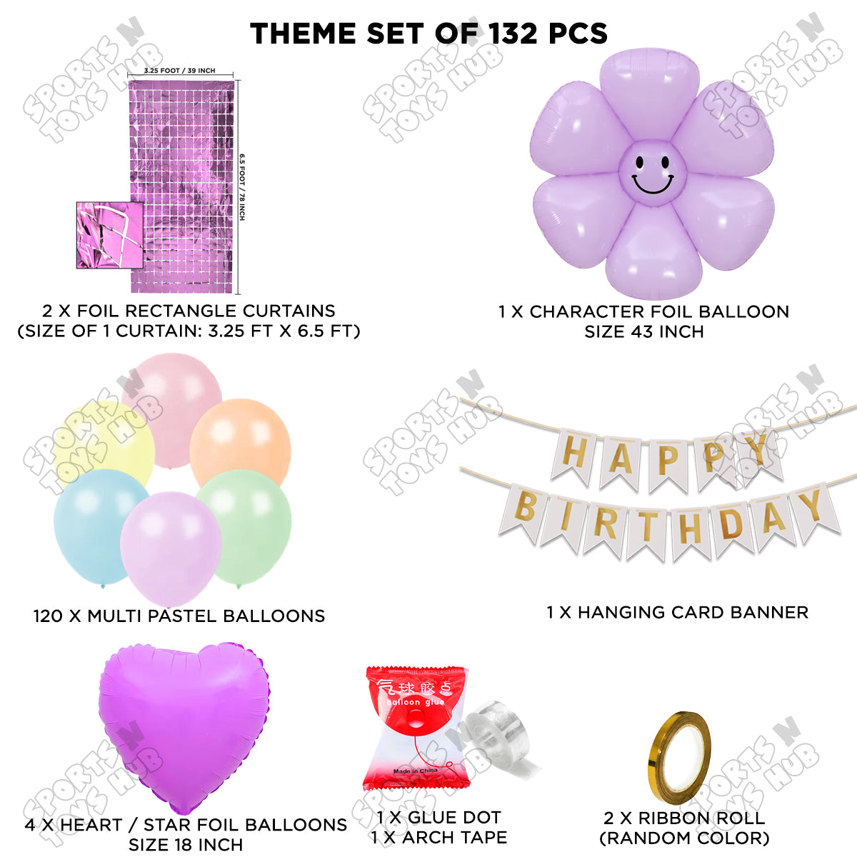 Jumbo Smiley Purple Flower Foil Balloon & Card Banner Arch Theme Collection