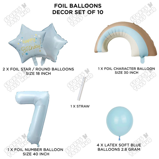 Pastel Blue Matte Color Rainbow & Cloud Pack Of 10 Set With 40 Inch Foil Number Balloons