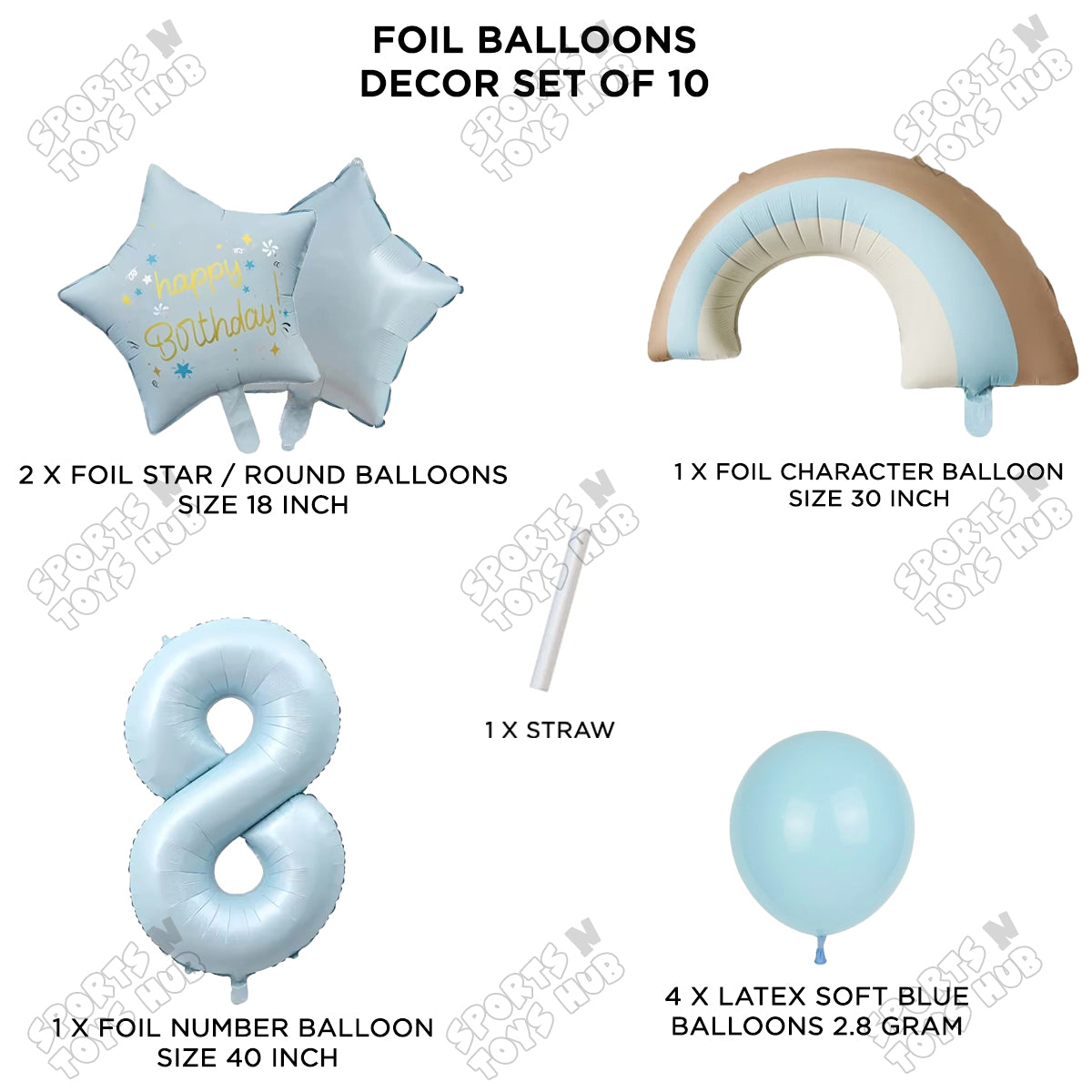 Pastel Blue Matte Color Rainbow & Cloud Pack Of 10 Set With 40 Inch Foil Number Balloons