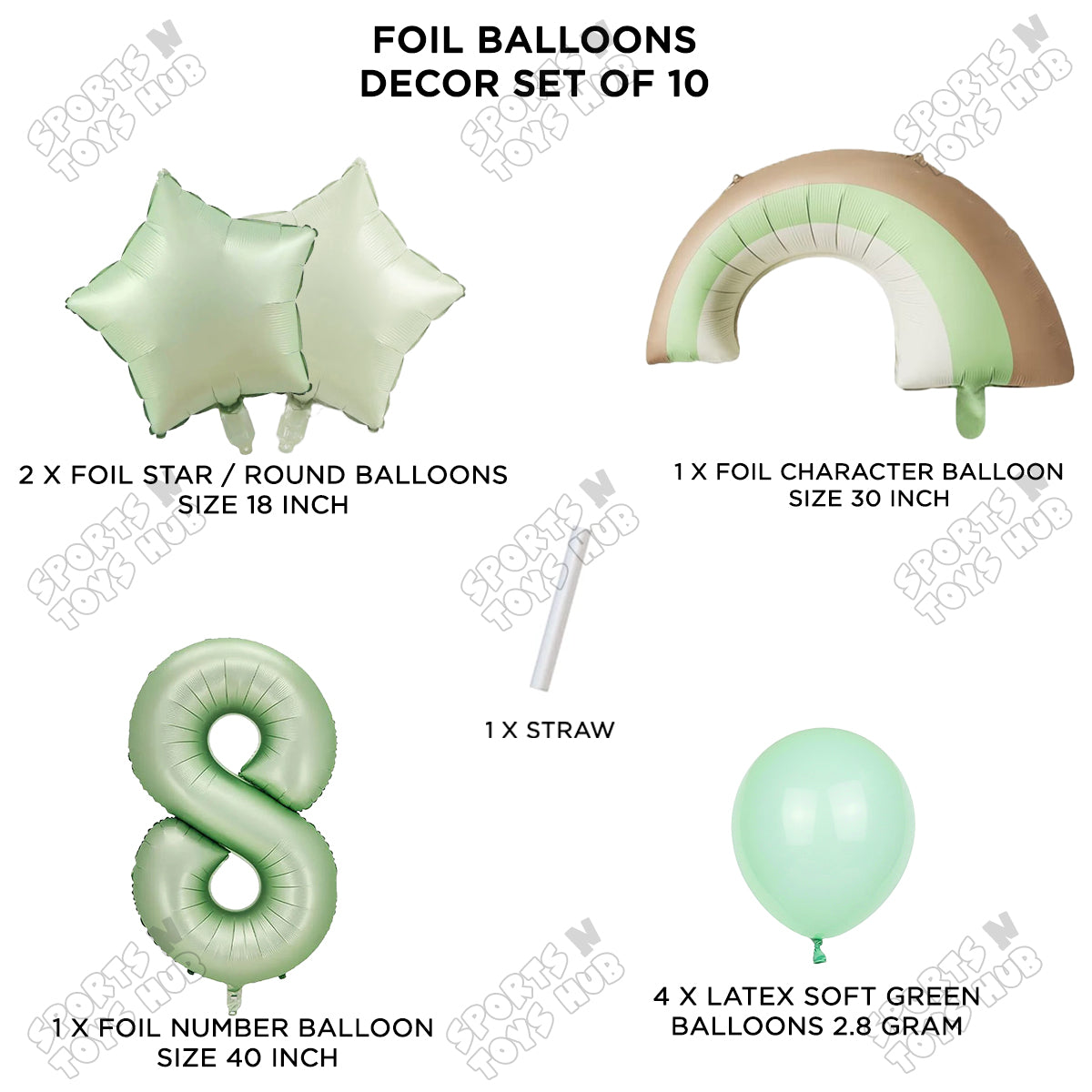 Pastel Green Matte Color Rainbow & Cloud Pack Of 10 Set With 40 Inch Foil Number Balloons