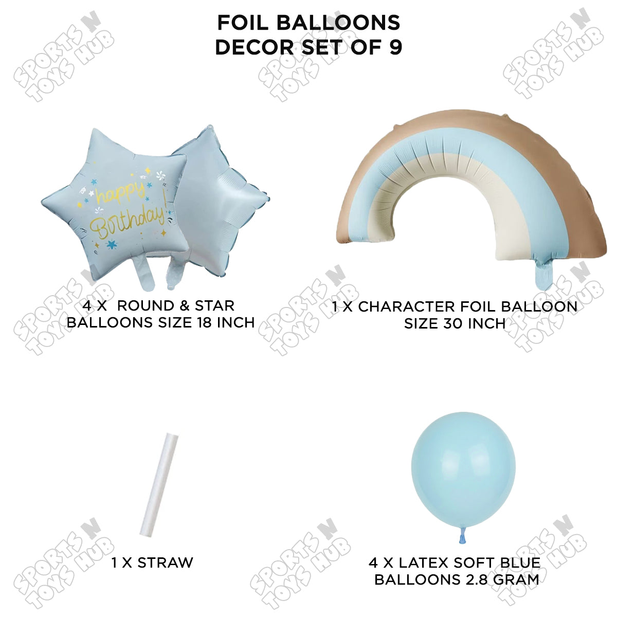 Pastel Blue Matte Color Rainbow & Cloud Pack Of 9 Foil Balloon Set