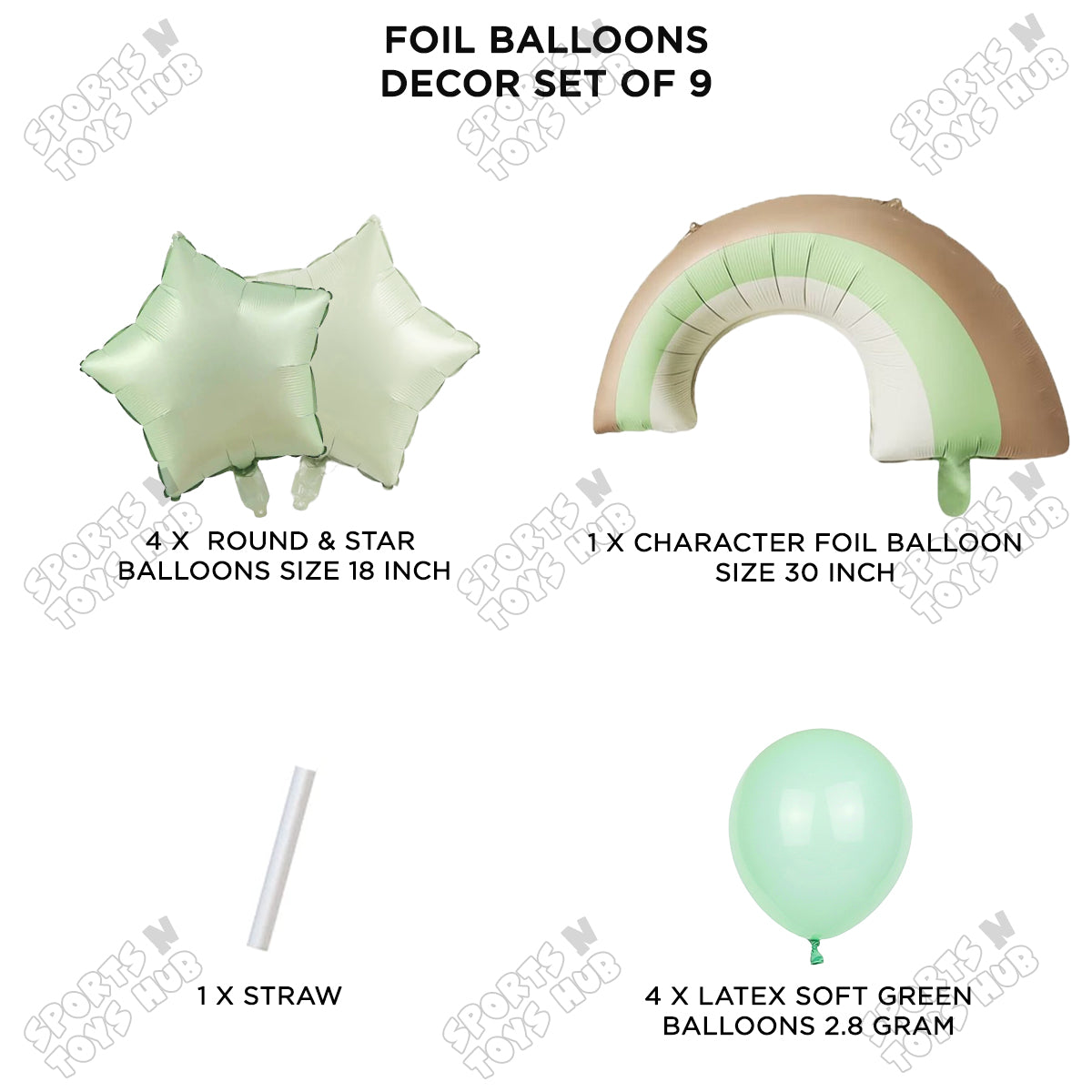 Pastel Green Matte Color Rainbow & Cloud Pack Of 9 Foil Balloon Set