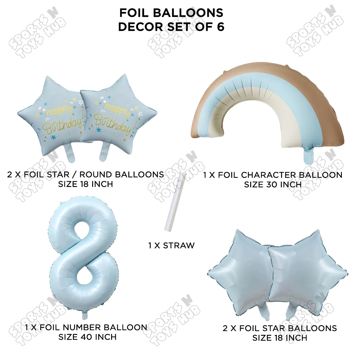 Pastel Blue Matte Color Rainbow & Cloud Pack Of 6 Set With 40 Inch Foil Number Balloons