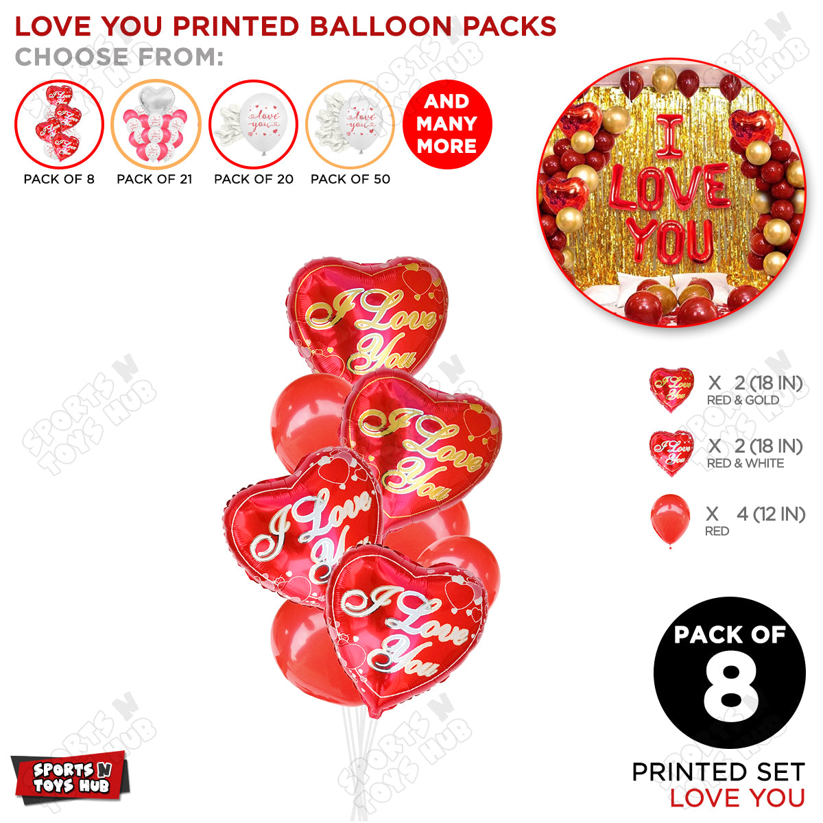 Printed Heart Foil Shape Balloon With Latex Balloon Pack Of 8 Set