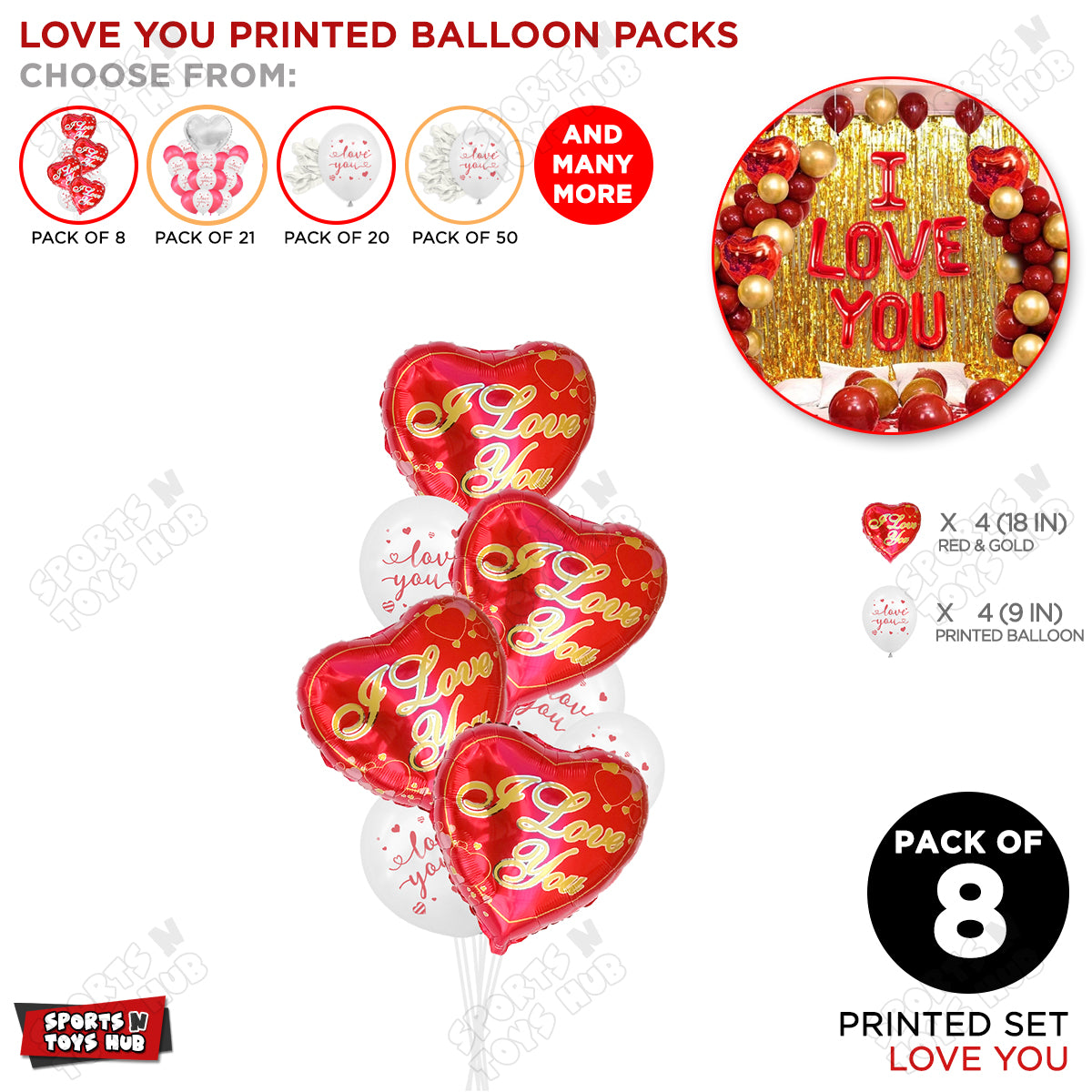 Heart Shape Printed Foil Balloon With Printed White Latex Balloon Pack Of 8 Set