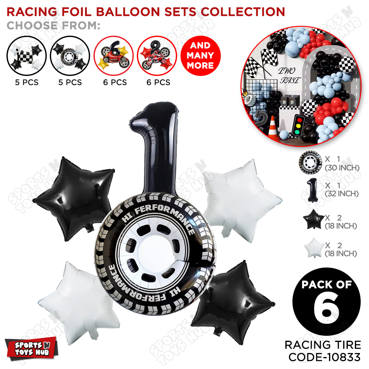 Racing Tire Foil Balloon Set With Number Collection - Pack Of 6