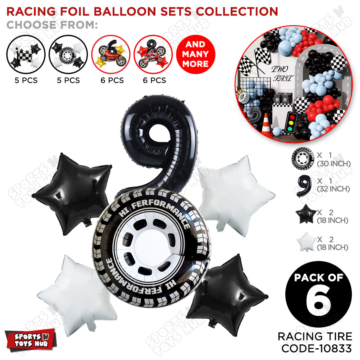 Racing Tire Foil Balloon Set With Number Collection - Pack Of 6