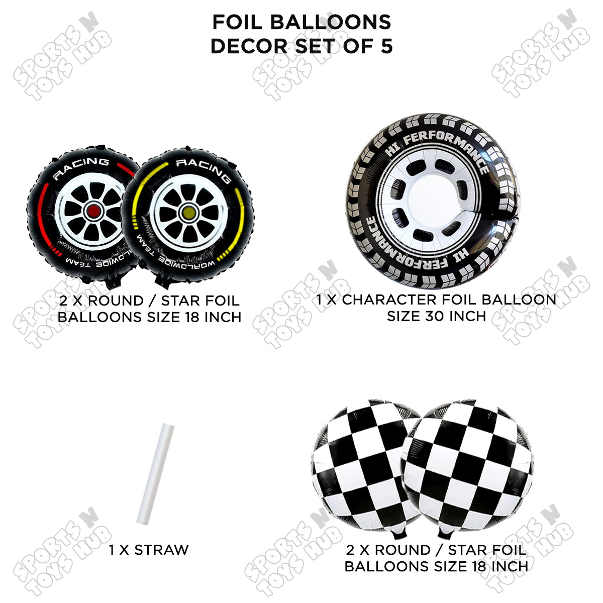 Racing Wheel With Checkered Round Foil Balloon Set