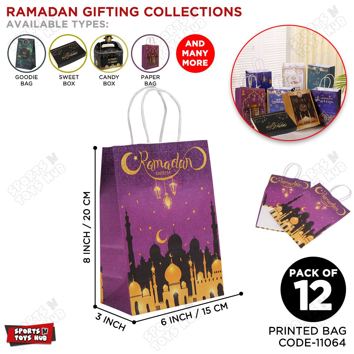 Ramadan Kareem Printed Paper Gift Bags - Pack Of 12