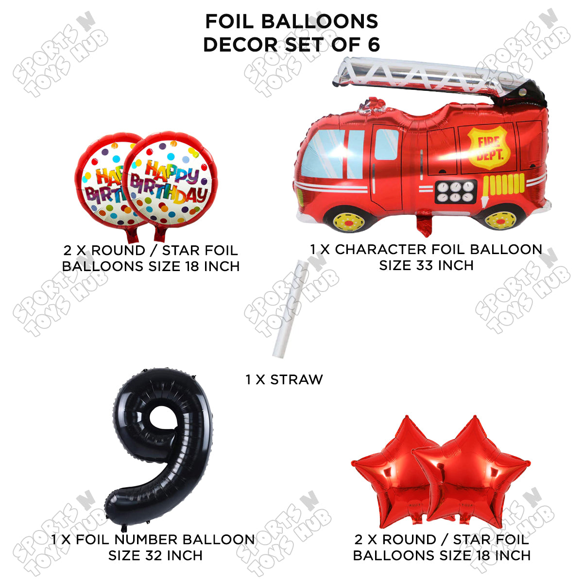 Fire Truck Foil Balloon Set Set With Number Collection - Pack Of 6
