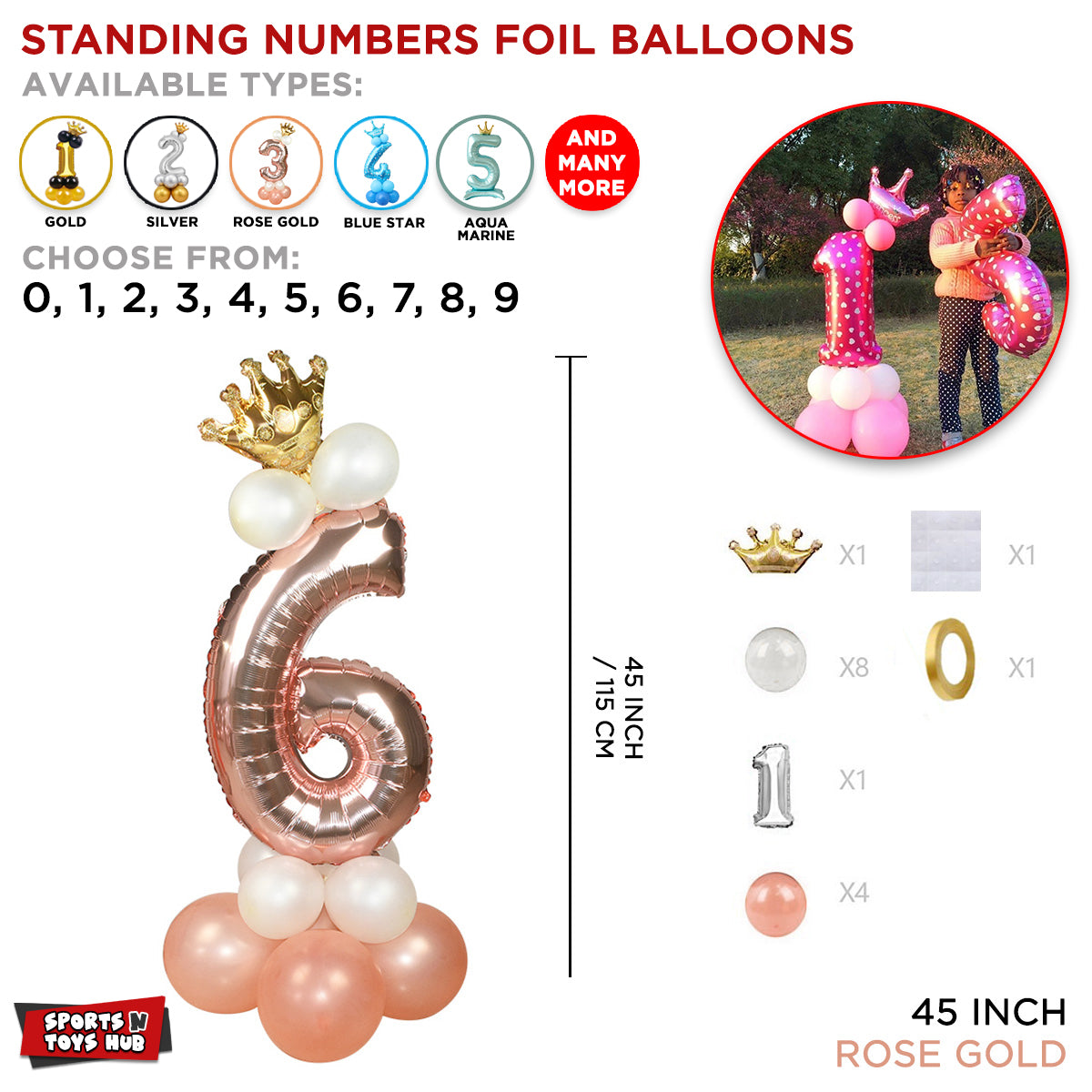 Rose Gold Crown Number Foil Standing Balloon Collection