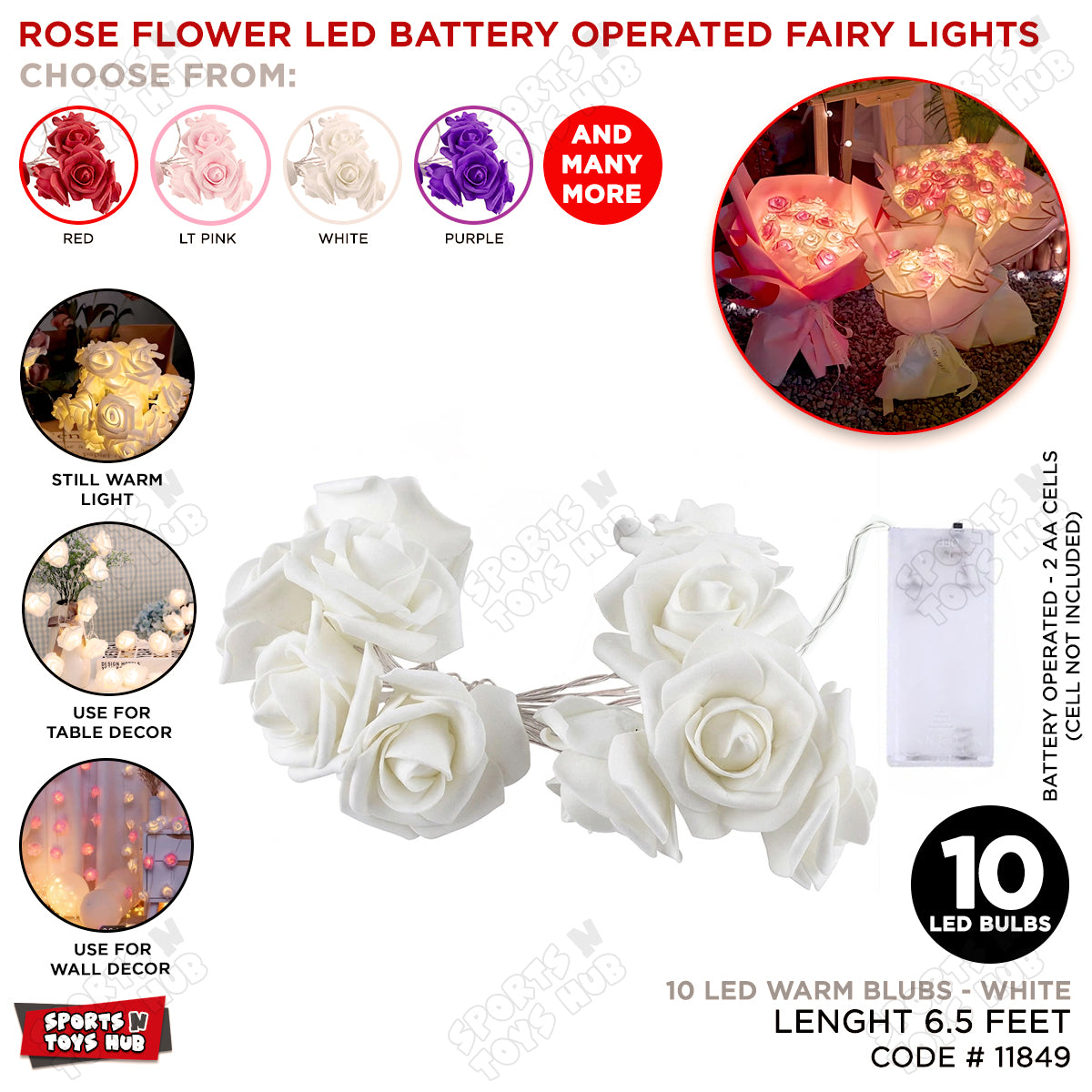 Rose Flower LED Battery Operated Fairy Lights - 6.5 FT