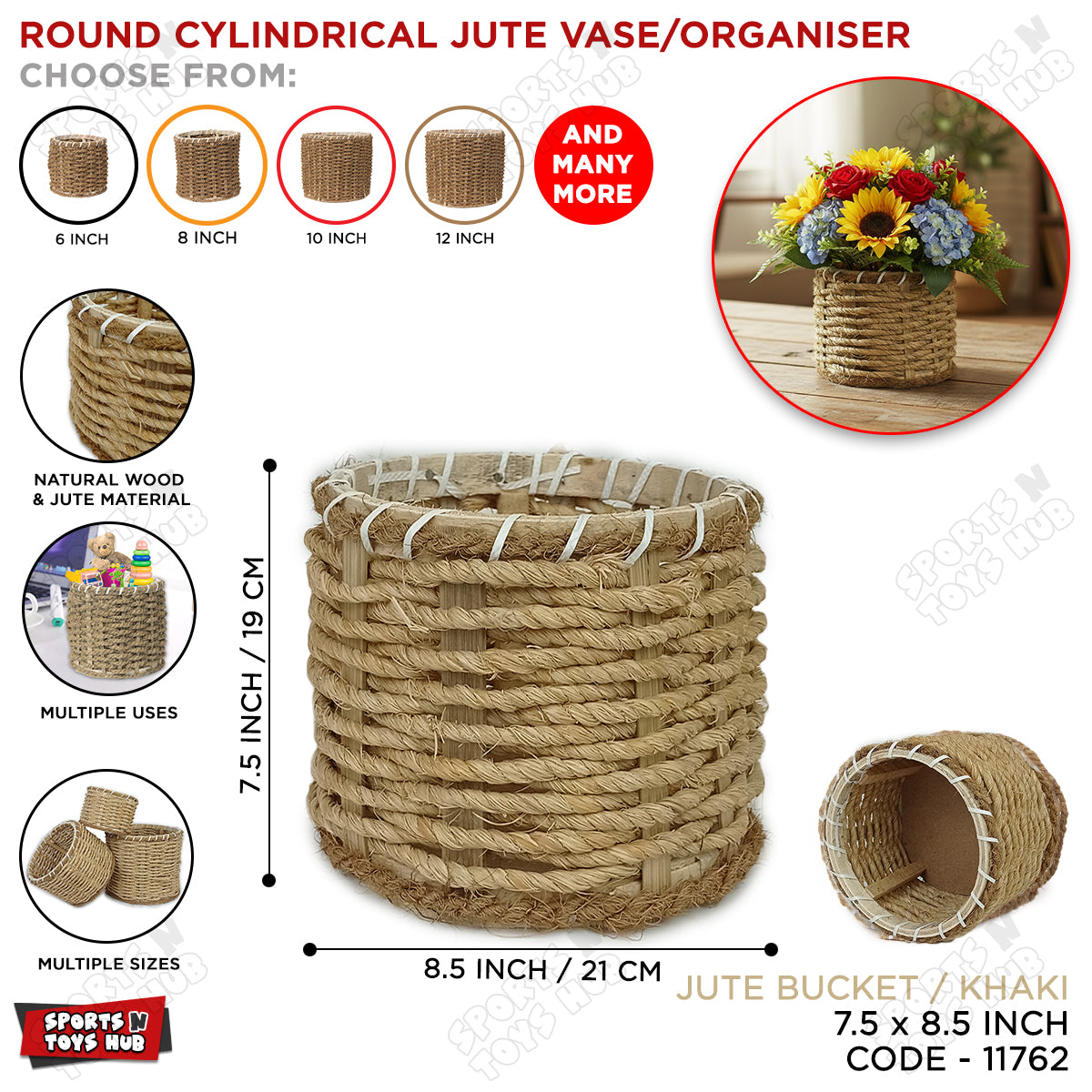 Round Cylindrical Jute Vase Bucket – Natural Wood & Jute Rope Woven Storage Basket