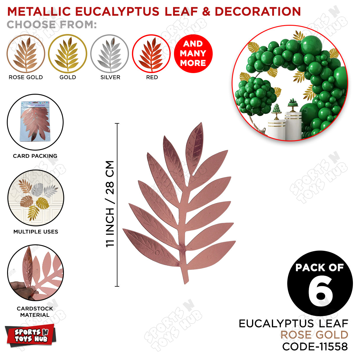 3D Metallic Eucalyptus Leaf For Party Decoration - Pack Of 6