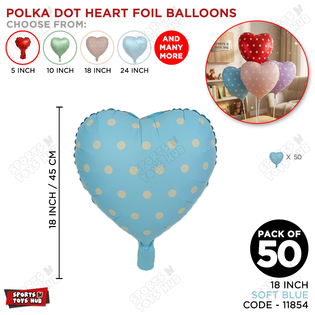 18 Inch - Soft Blue Polka Dot Heart Shape Foil Balloon