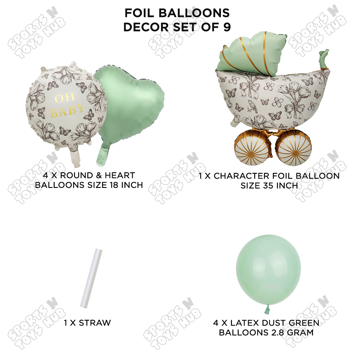 Stroller Vintage Green Pack Of 9 Foil Balloon Set