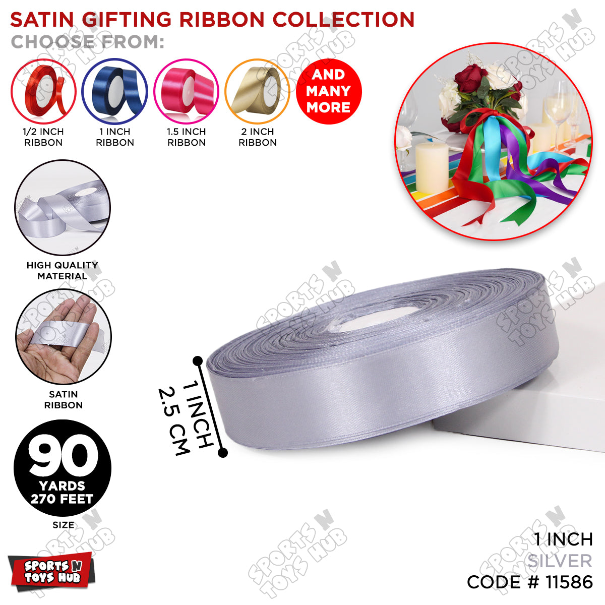 1 Inch x 90 Yards – Multi-Purpose Plain Satin Ribbon Roll for Gift Wrapping, Crafts & Decor