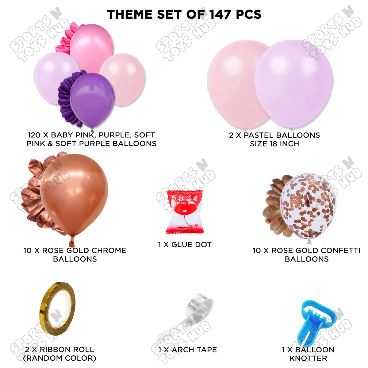 Soft Pink, Baby Pink. Purple, Rose Gold Arch Balloon Theme Set - 147 Pcs