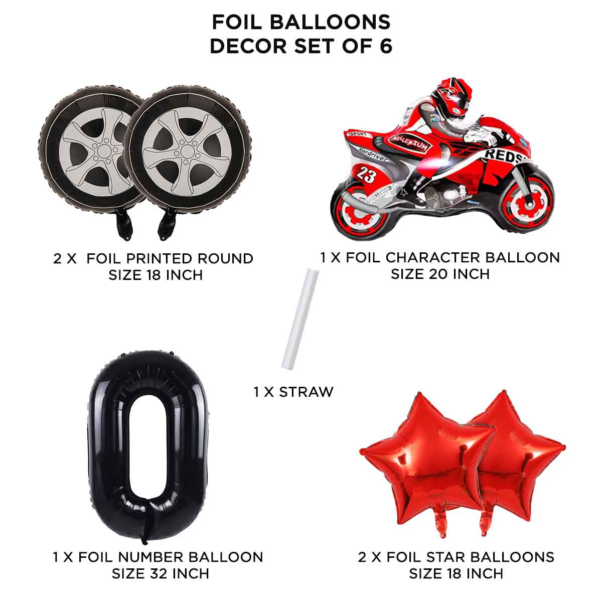 Sports Heavy Bike Foil Balloon Set With Number Collection - Pack Of 6