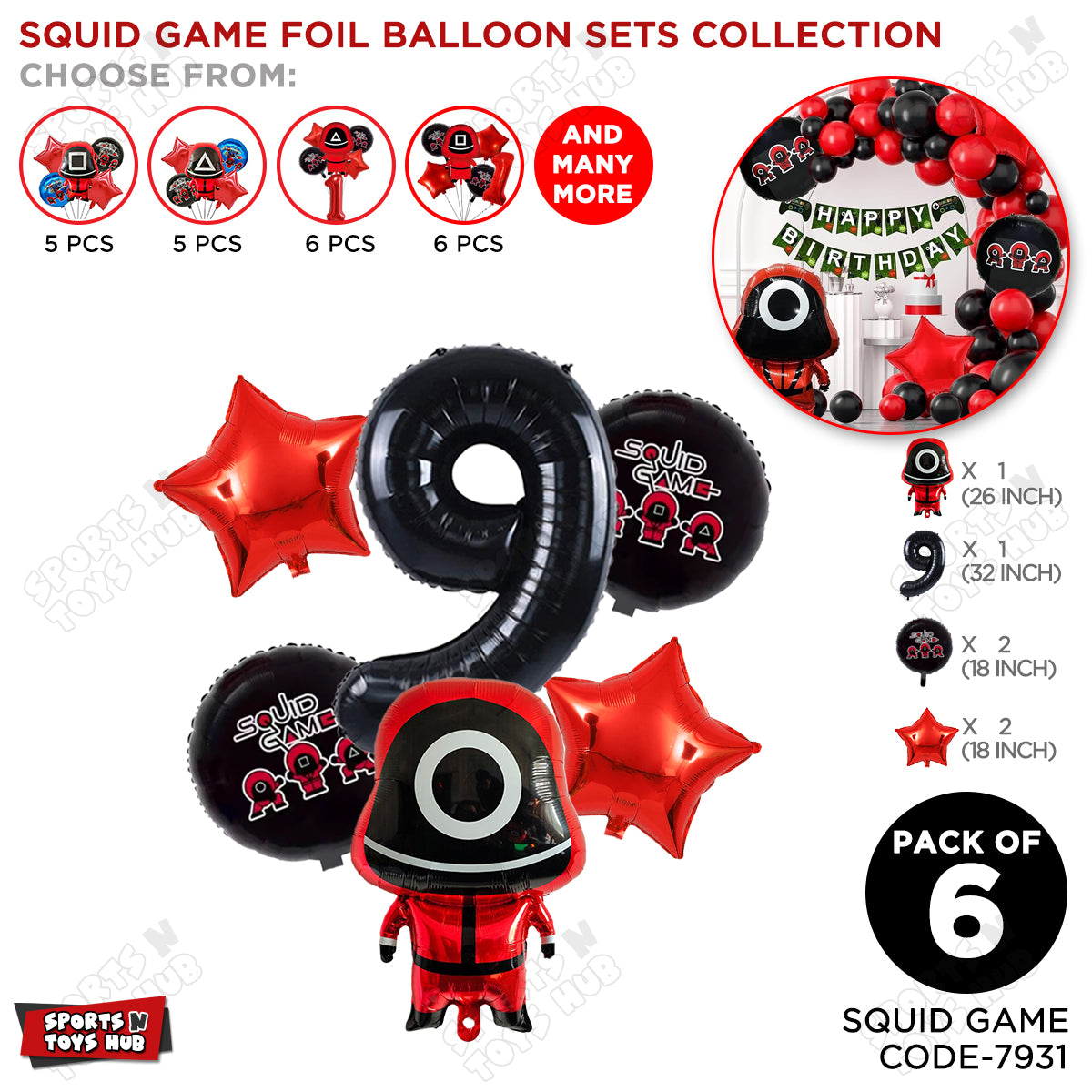 Squid Game Foil Balloon Set With Number Collection - Pack Of 6