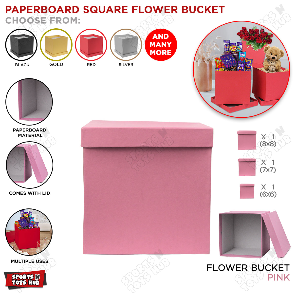 Square Shape Paper Cardboard Flower Bucket Gift Box with Lid - 3 Piece Set