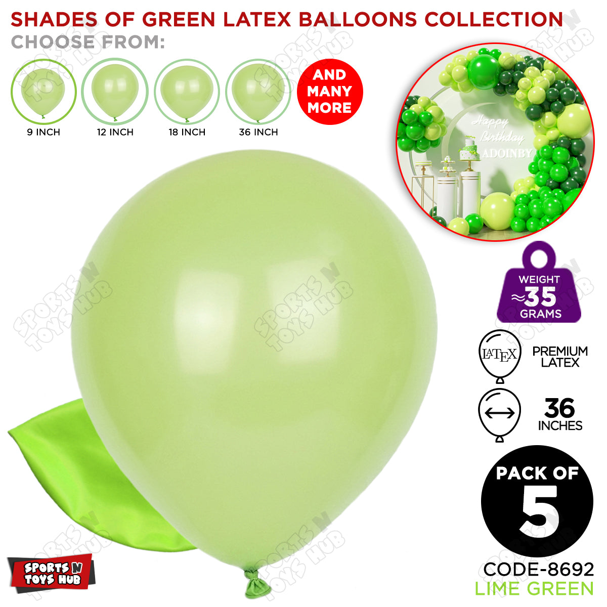 Lime Green Latex Solid Balloons Available In 9, 12, 18 & 36 Inch Sizes