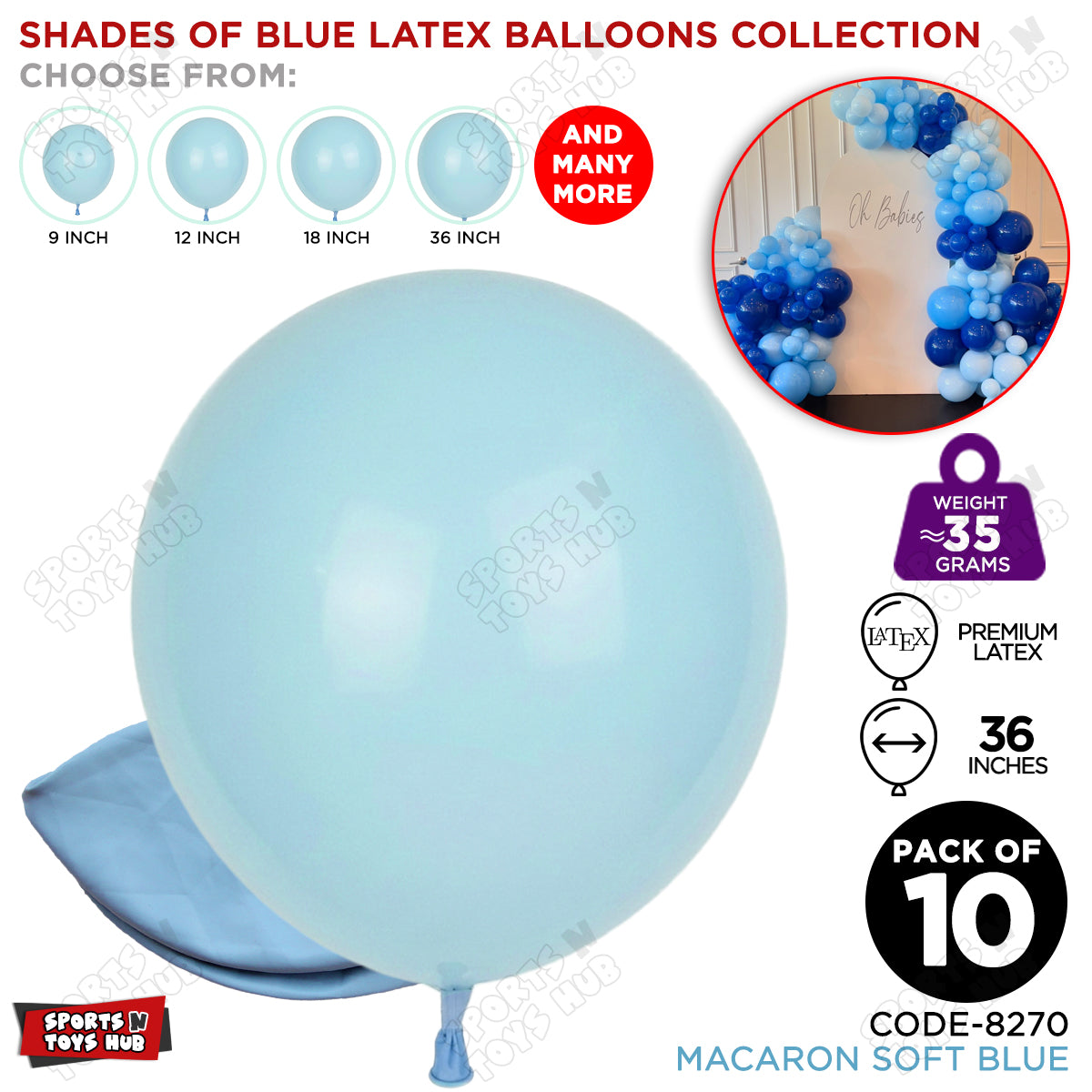 Soft Blue Macaron Latex Balloons Available In 9, 12, 18 & 36 Inch Sizes