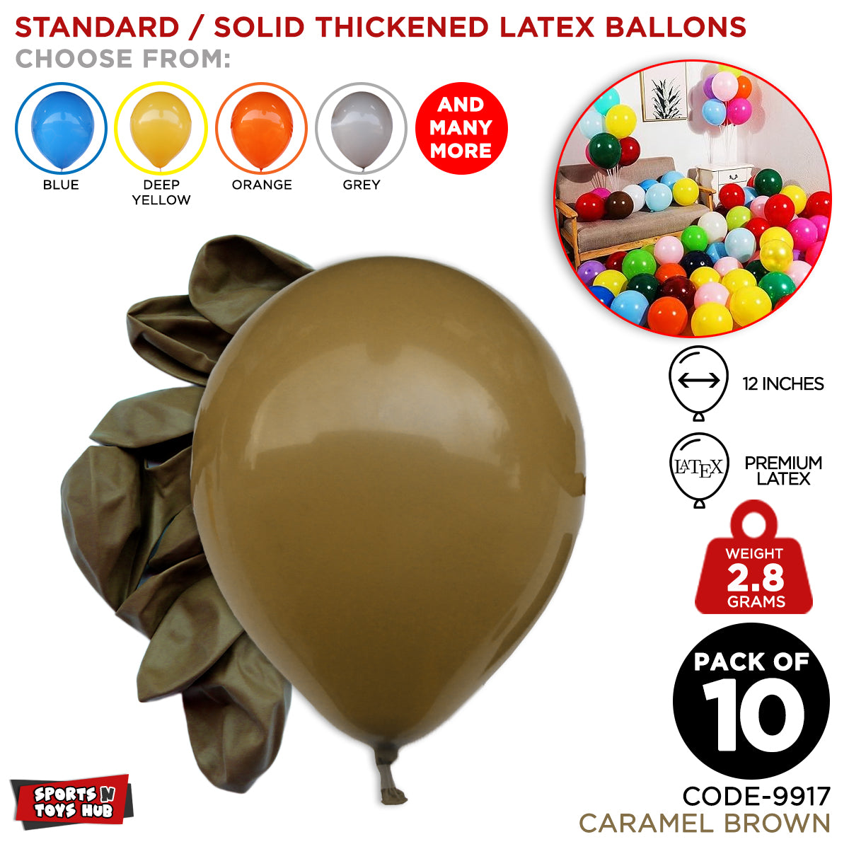 12 Inch 2.8 Gram Solid Latex Round Balloons - 10 Pcs