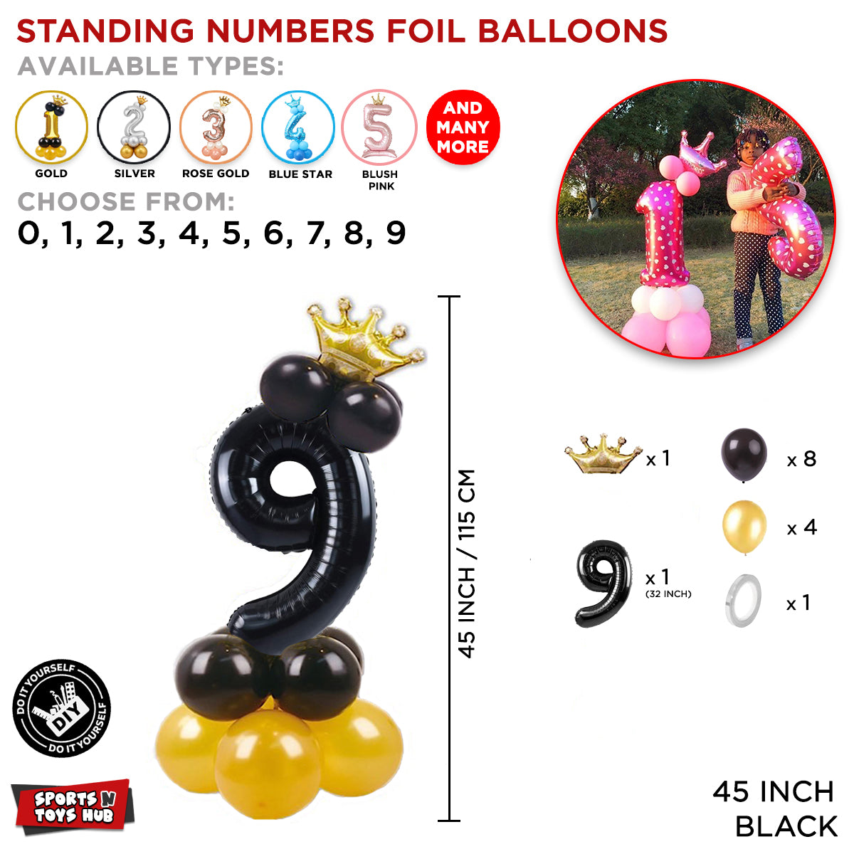 Black Crown Number Foil Standing Balloon Collection