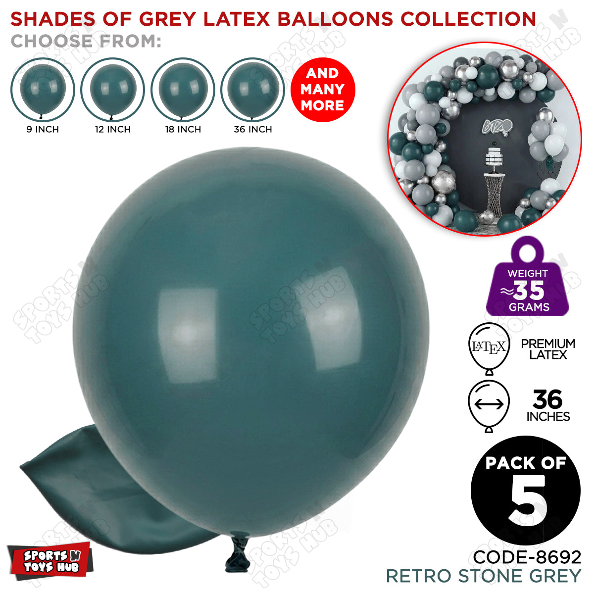 Stone Grey Latex Balloons Available In 9, 12, 18 & 36 Inch Sizes