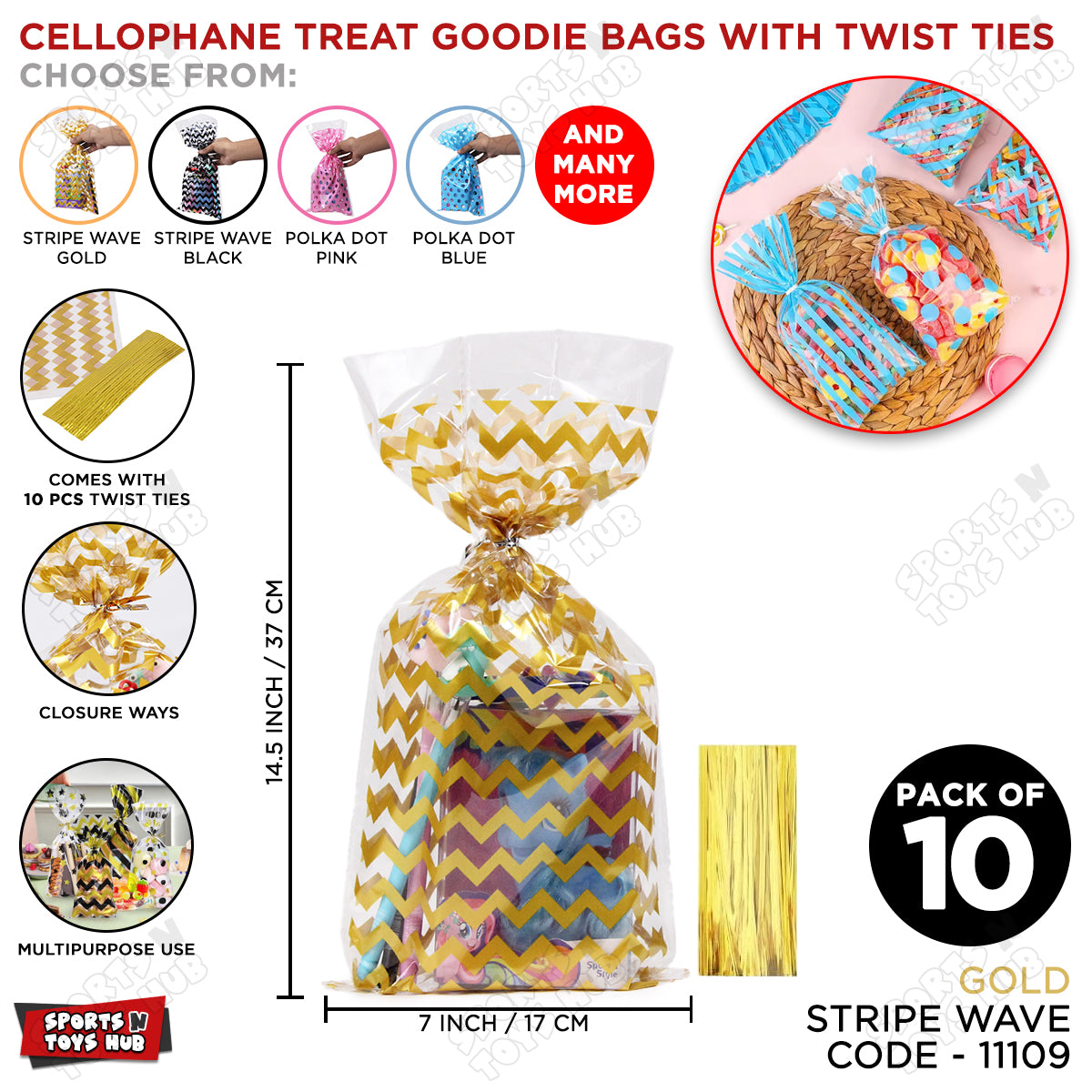 Cellophane Treat Stripe Waves Design Goodies Gift Bag With Twist Ties - Pack of 10