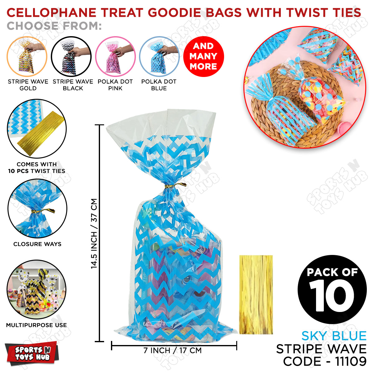 Cellophane Treat Stripe Waves Design Goodies Gift Bag With Twist Ties - Pack of 10