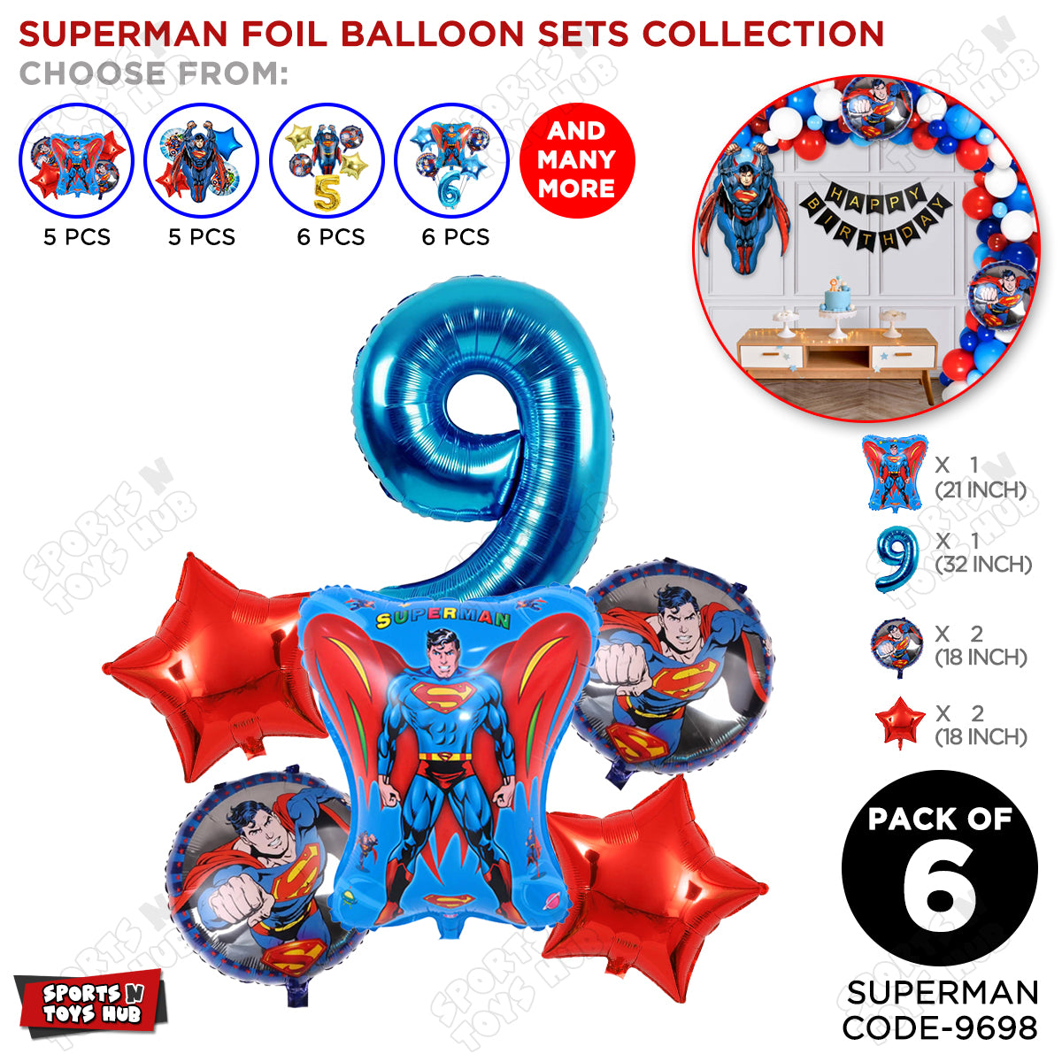 Super M@n Foil Balloon Set With Number Collection - Pack Of 6