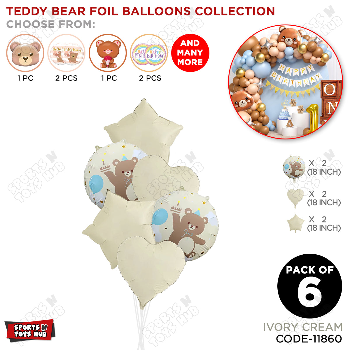 Printed Teddy Bear Round Foil Balloon Bouquet With Shape Foil Balloon - Pack Of 6
