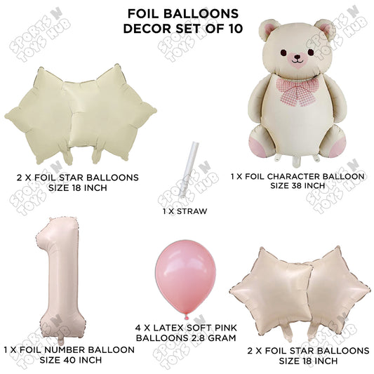 Pack of 10 Vintage Teddy Bear Foil Balloon Set with Bow – Premium Teddy Bear Theme Balloons for Baby Shower, Welcome Baby, First Birthday, Gender Reveal, Baby Boy & Baby Girl Party Decorations
