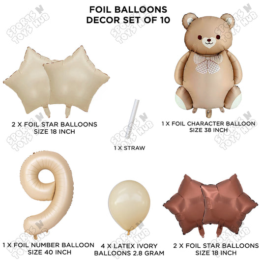 Pack of 10 Vintage Brown Teddy Bear Foil Balloon Set with Bow – Premium Teddy Bear Theme Balloons for Baby Shower, Welcome Baby, First Birthday, Gender Reveal, Baby Boy & Baby Girl Birthday Party Decorations, Nursery Celebration & Kids Event Decor