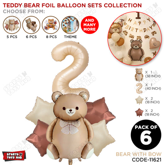 Vintage Brown Teddy Bear Foil Balloon Set with Bow – Pack of 6 Premium Teddy Bear Theme Balloons for Baby Shower, First Birthday, Welcome Baby, Gender Reveal & Party Decorations