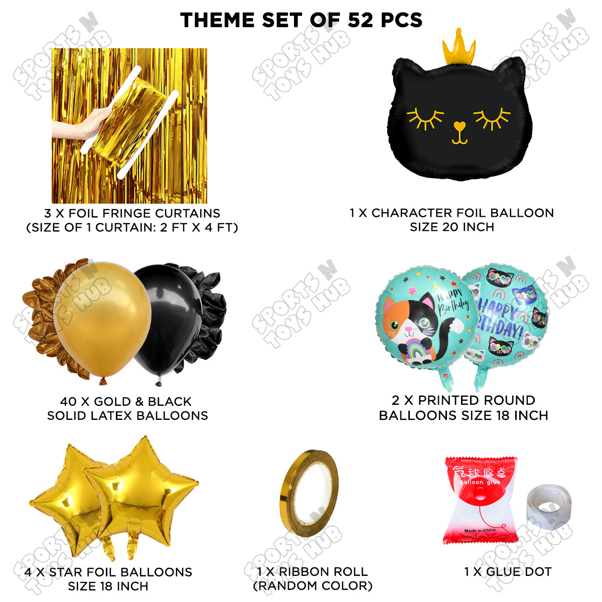 Cartoon Crown Black Kitten Cat Foil Balloon Set Theme